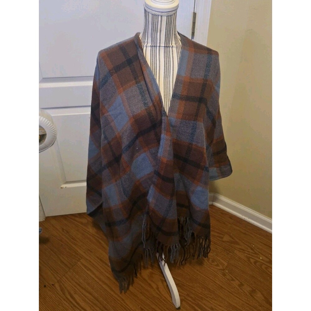 NEW Soft Surrounds Checkmate Poncho Blue Rust Plaid Fringed Wrap One Size READ